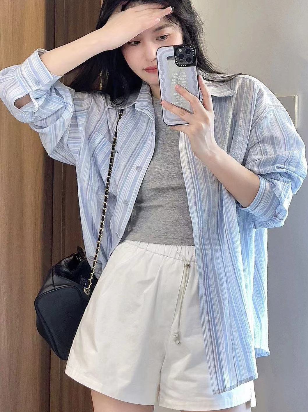 夏季2023新款高檔洋氣藍色條紋襯衫女寬鬆顯瘦中長款防曬襯衣外穿