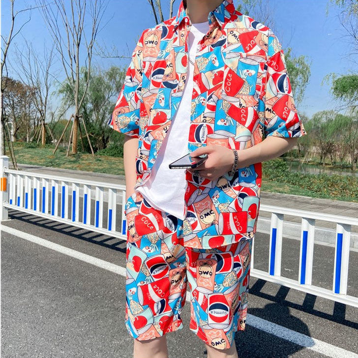 Casual Hawaiian shirt shorts summer trend loose short-sleeved Japanese style beach suit for couples on the beach for men