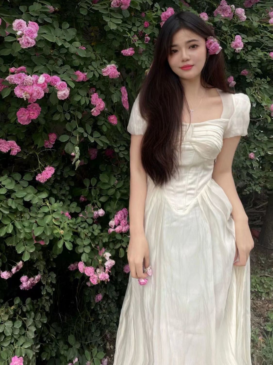 2023 summer new gentle wind French style thin waist fish bone sweet fairy dress chic design long skirt