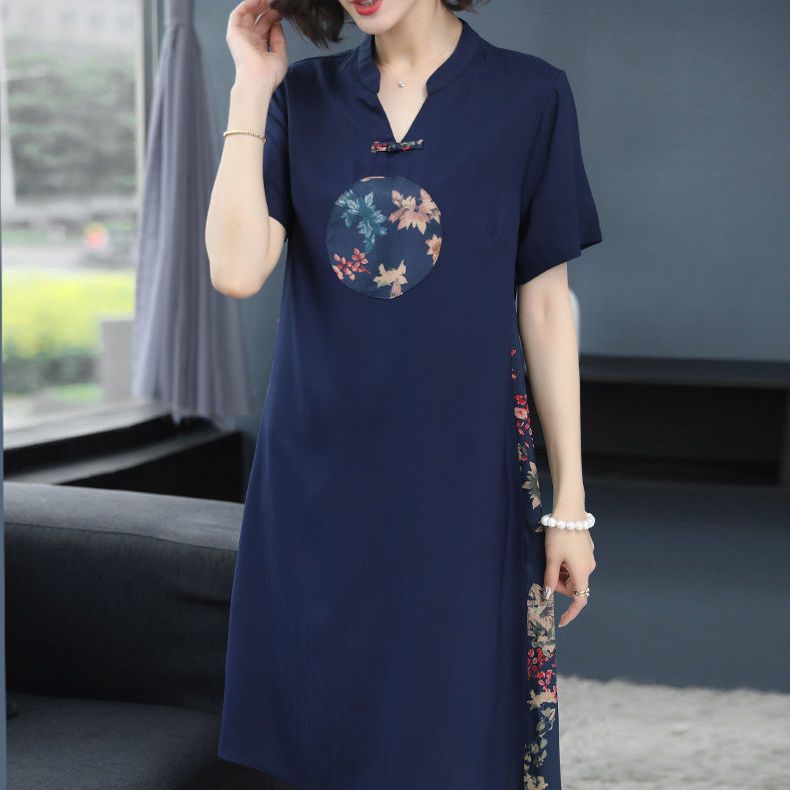  new mother's dress summer skirt noble temperament cheongsam middle-aged and elderly women's short-sleeved dress mid-length