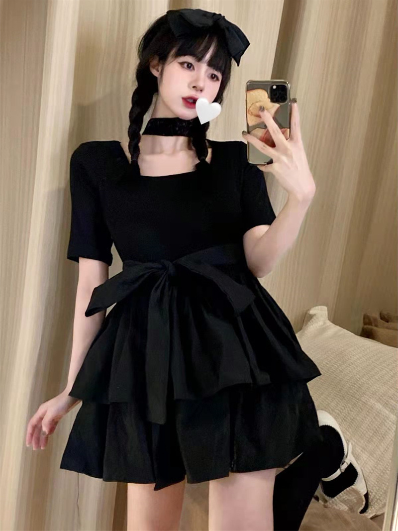 法式純欲蝴蝶結蓬蓬連衣裙女裝春季生日禮服裙在逃公主裙子小黑裙