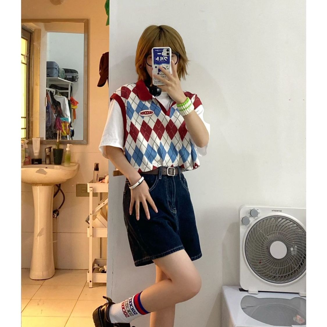 Three-piece suit/one-piece summer academic style Lingge vest nifty short sleeve T-shirt top denim shorts