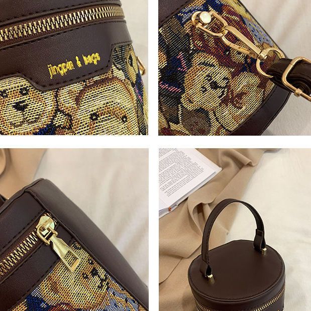 Bear Graffiti Bucket Bag  New Cylinder Bag Niche Design Handbag Single Shoulder Crossbody Women's Bag Small Bag