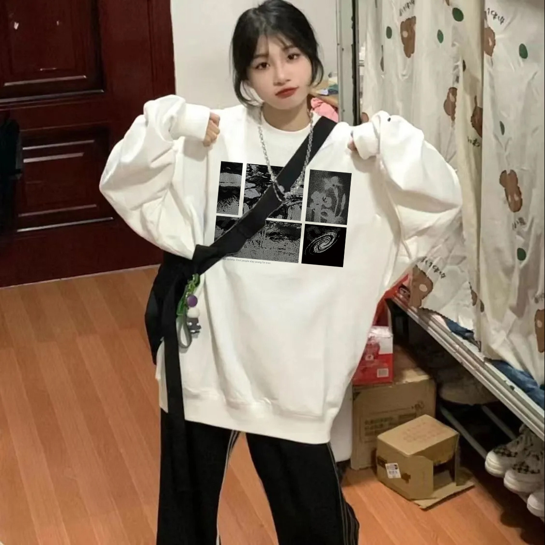 新款ins慵懶風圓領衛衣女學生韓版寬鬆秋冬百搭bf長袖個性上衣潮