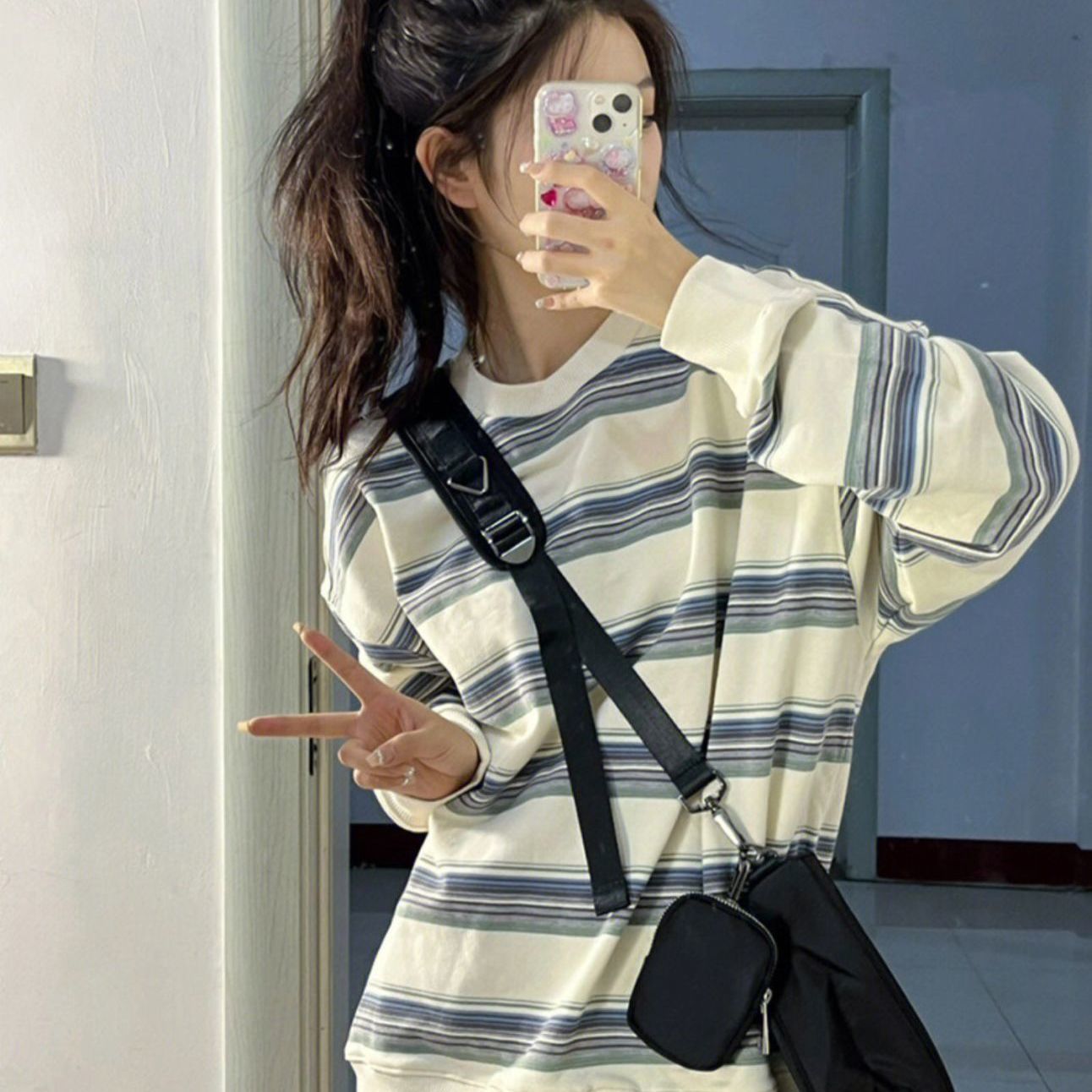 Striped sweater women's spring and autumn thin section  loose tide ins American style lazy wind September school season capless top
