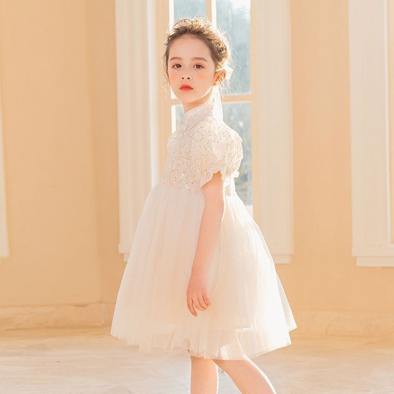 女童白色连衣裙夏季2023年儿童短袖蕾丝纱裙子夏装公主裙礼服洋气