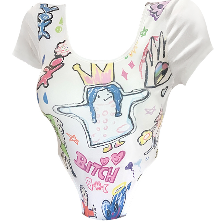 VIBRATE Korean version in stock! Hot girl design sense cartoon graffiti short-sleeved T-shirt female waist jumpsuit ins tide