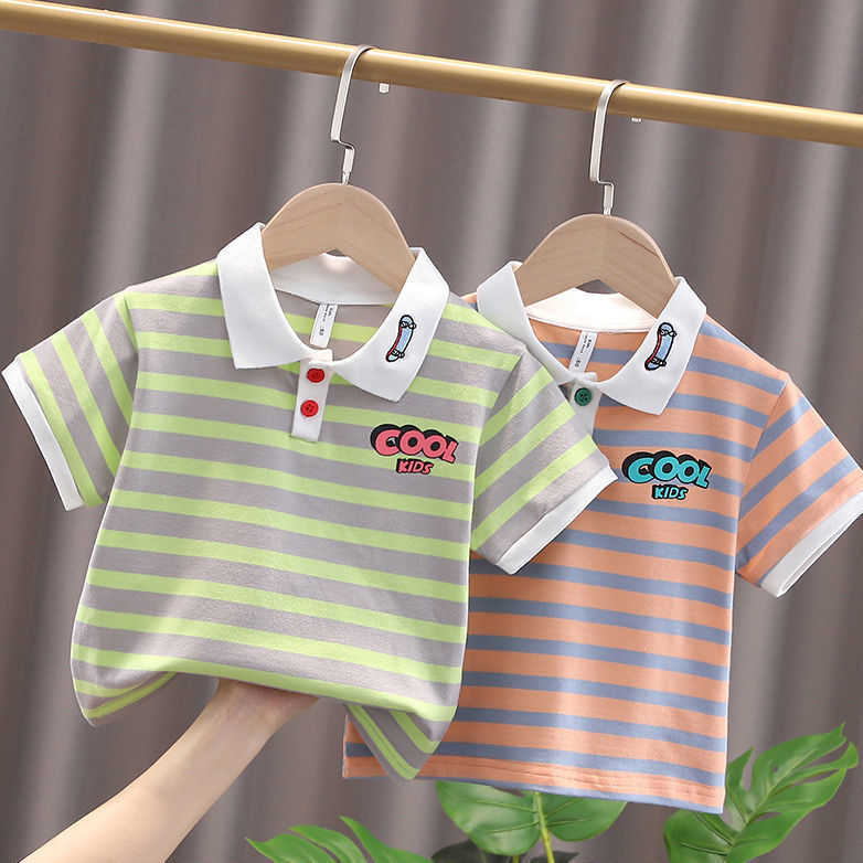 Cotton short-sleeved male baby 2023 summer new striped printed polo shirt lapel top thin section bottoming shirt tide