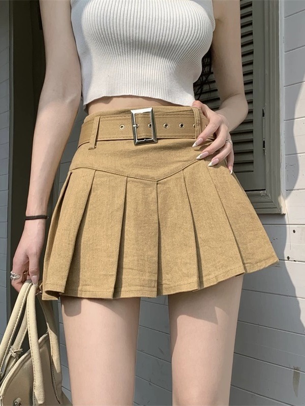 Matching Belt Spicy Girl High Waist Half Skirt Female Small Summer Small Figure Short and Slim A-line Skirt 100 Pleated Skirt ins