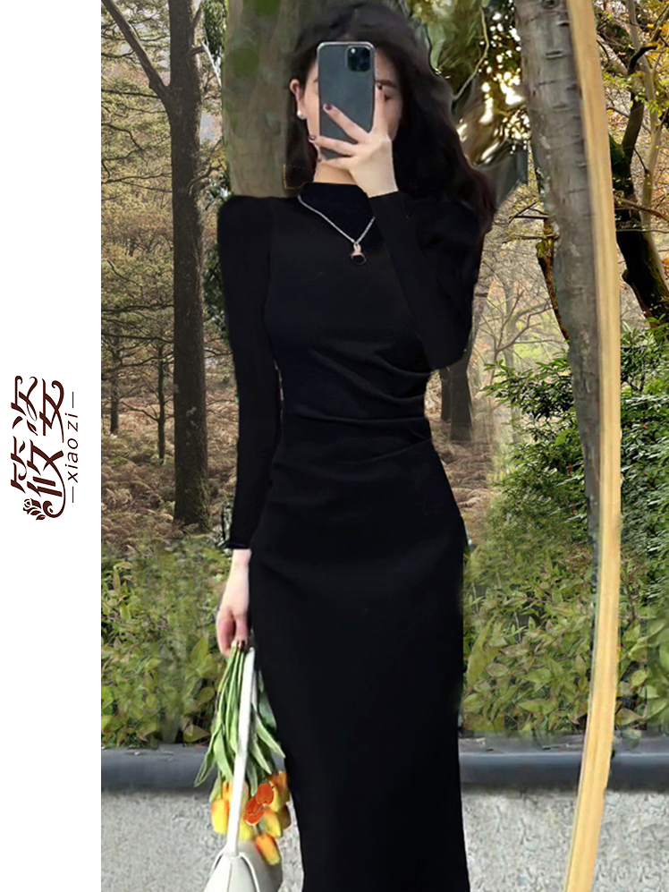 Xiaozi Half High Collar Slim Sexy Dress Female  New Black Inner Bottom Long Section Hip Skirt Korean Version