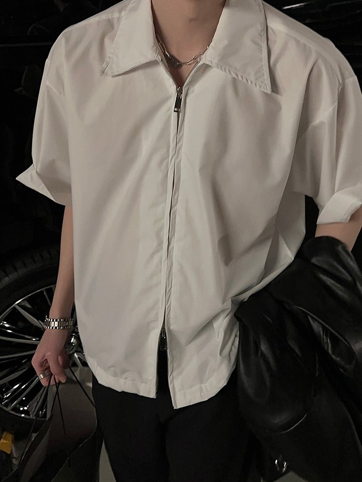 Korean style fashion short-sleeved design sense niche zipper shirt men's European and American high-end coat summer couple lining top