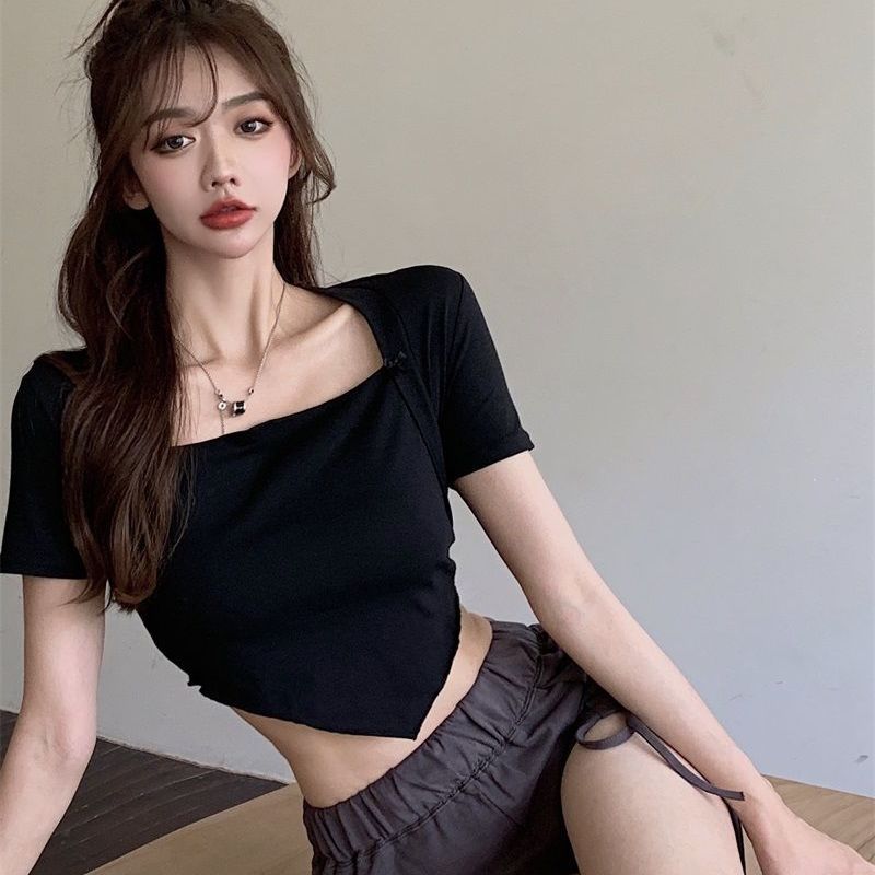 Sweet and spicy pure desire wind fake two-piece t-shirt ladies tight sexy irregular short waist square collar top summer