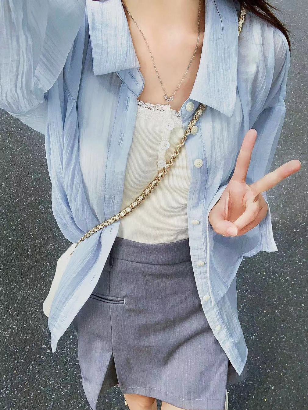2023夏季薄款奶fufu藍色防曬襯衫外穿女寬鬆百搭防紫外線襯衣開衫
