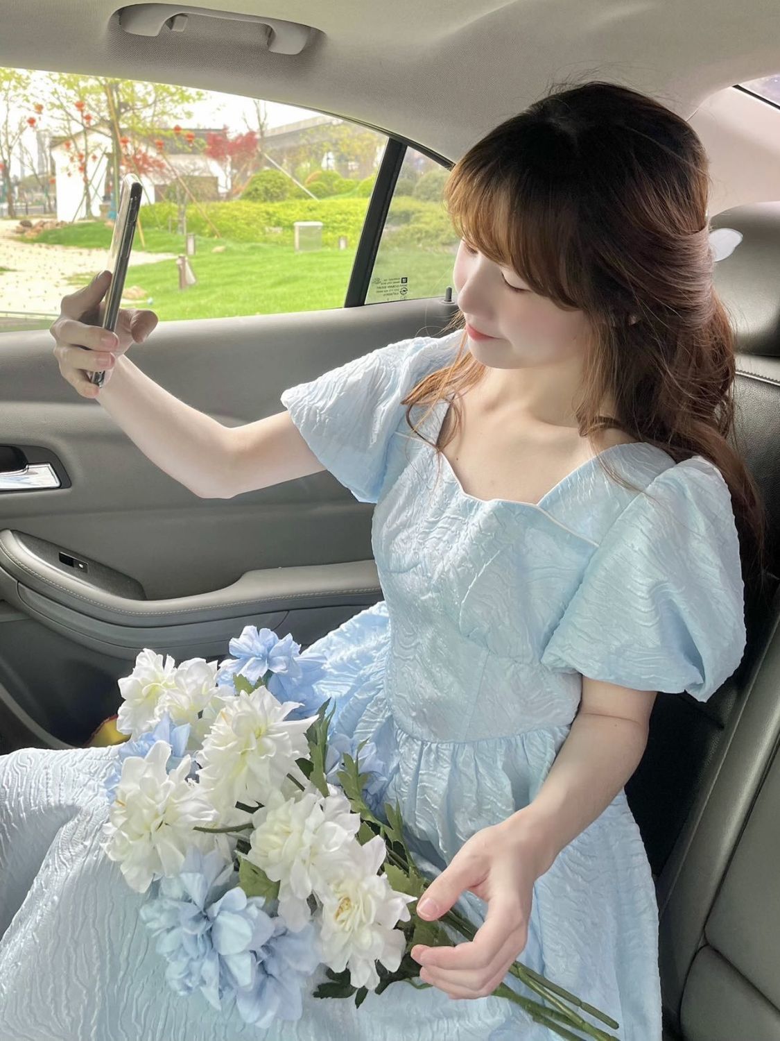 Light blue dress female  summer new Korean style back tie bow skirt puff sleeve bellflower skirt