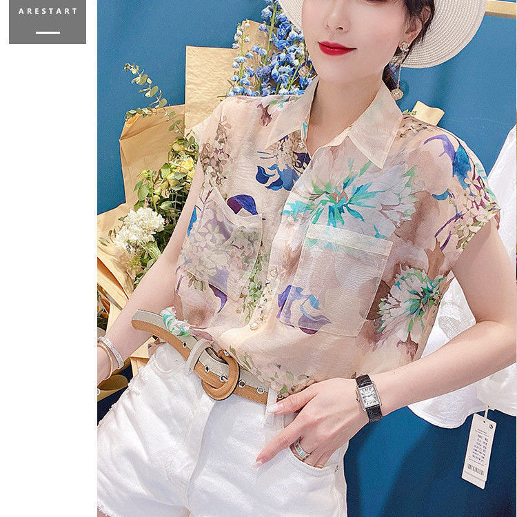 短袖雪紡衫女2023夏季新款韓版洋氣時尚寬鬆襯衫女印花襯衣女