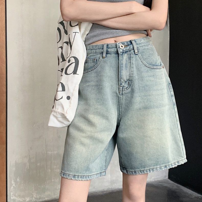 Retro washed jeans women's summer high-waisted loose straight wide-leg shorts slim blue mid-length pants