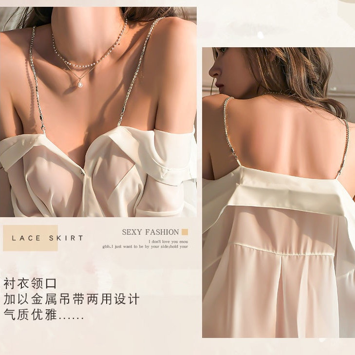 Large size sexy chain suspender strapless shirt female pure desire loose fat MM sexy thin see-through skirt two dressing