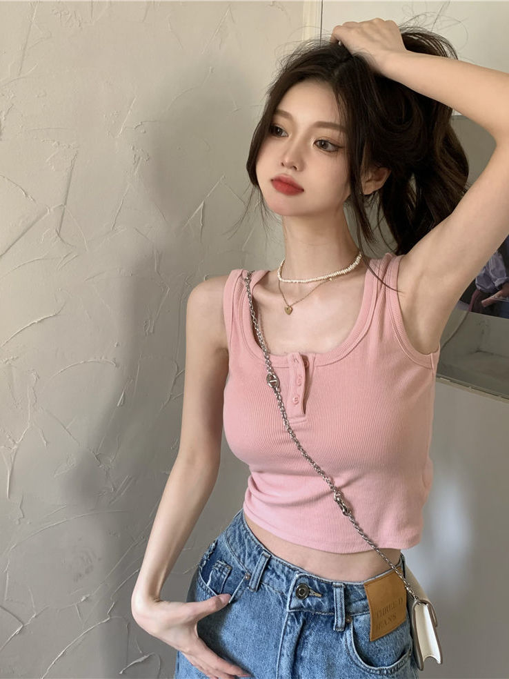 Pink Hot Girl Camisole for Women with Bottoming and Beautiful Back Summer Sweet and Spicy Style Outerwear Short U-neck Racer Top