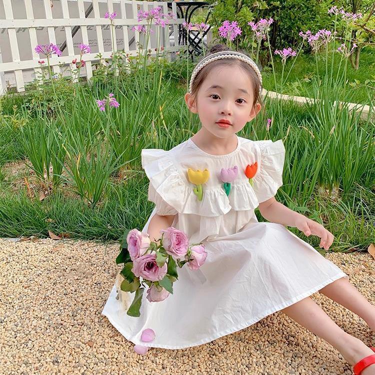 女童連衣裙夏季2023新款洋氣時髦純棉兒童白色夏裝甜美小寶寶裙子