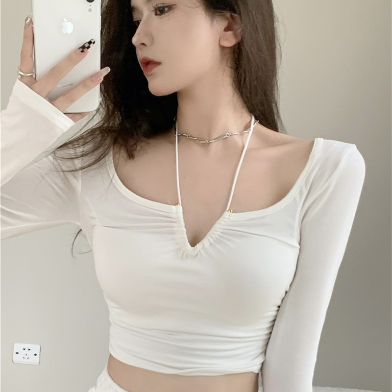 Pure desire wind big neckline hanging neck tight hot girl t-shirt female spring and autumn short section exposed collarbone careful machine bottoming shirt top