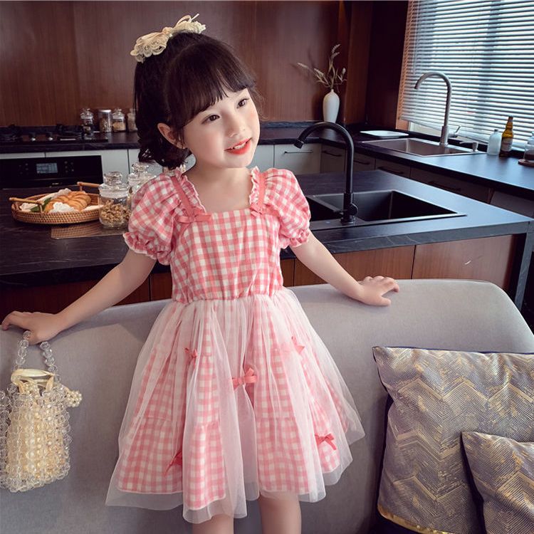 女童连衣裙2023新款儿童韩版洋气格纹网纱小女孩裙子泡泡袖公主裙