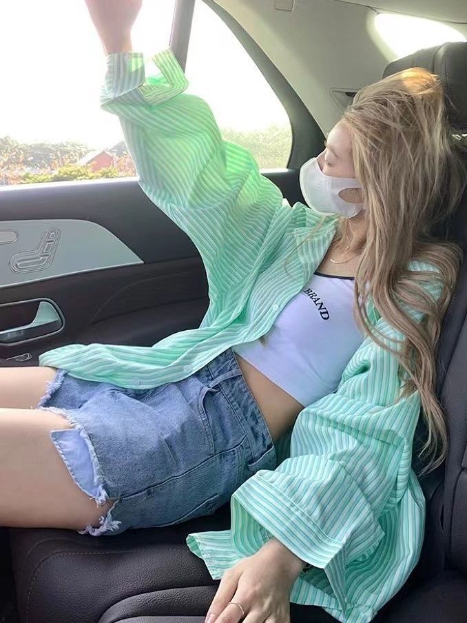夏季薄款高級感氣質ins綠色條紋襯衫外套女寬鬆襯衣防曬開衫上衣