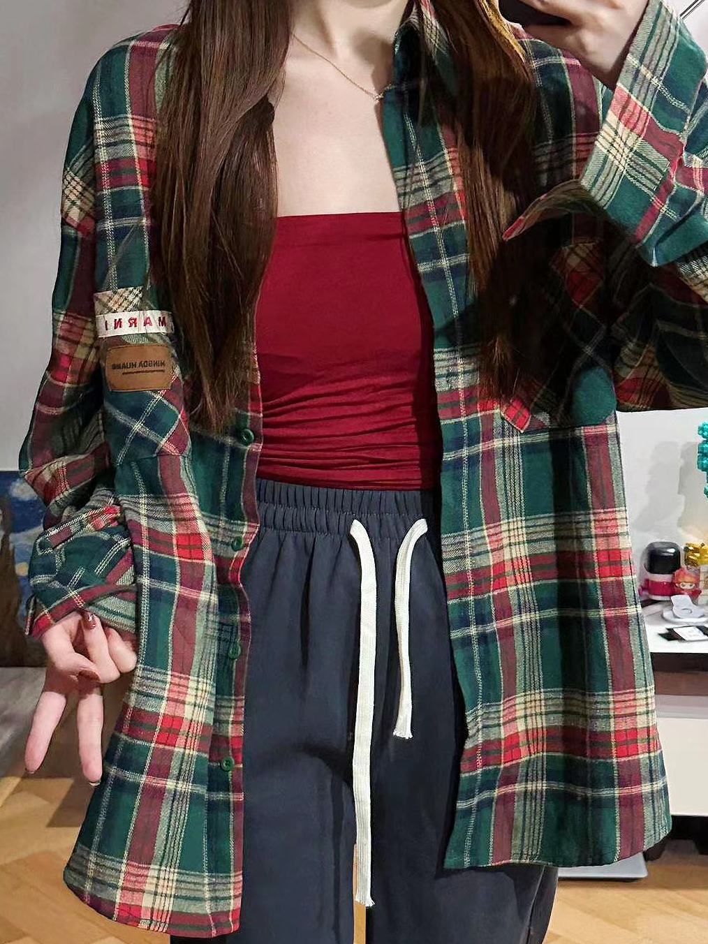 港味chic貼標墨綠色格子襯衫外套女2023夏季新款寬鬆休閒襯衣開衫