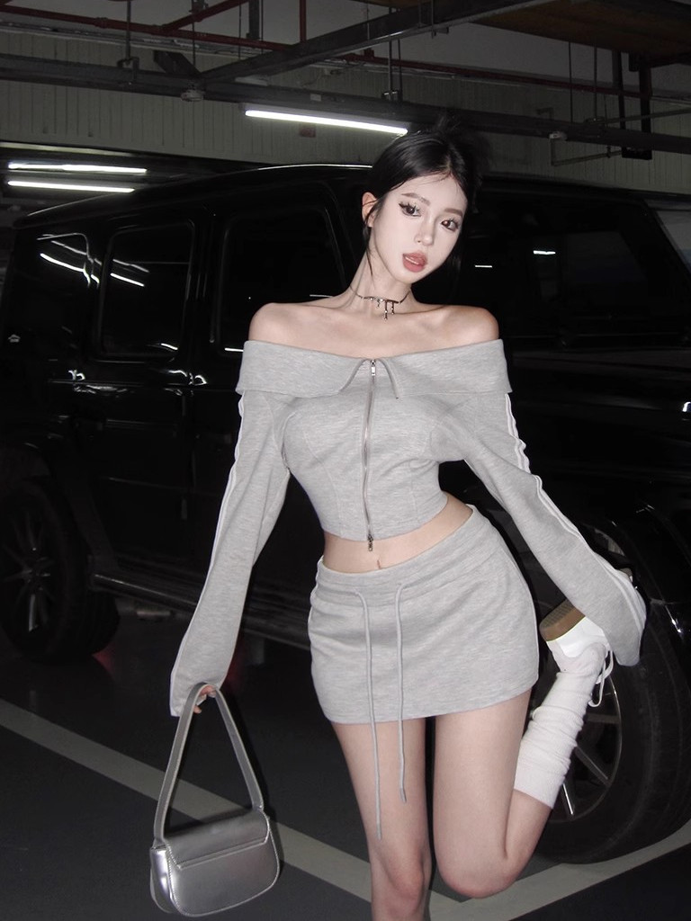 辣妹性感一字肩長袖灰色上衣套裝女秋季包臀半身裙休閒運動兩件套