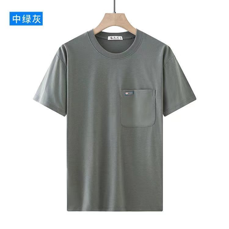 中年男士短袖T恤圓領純棉寬鬆中老年人爸爸裝汗衫夏季半袖口袋款
