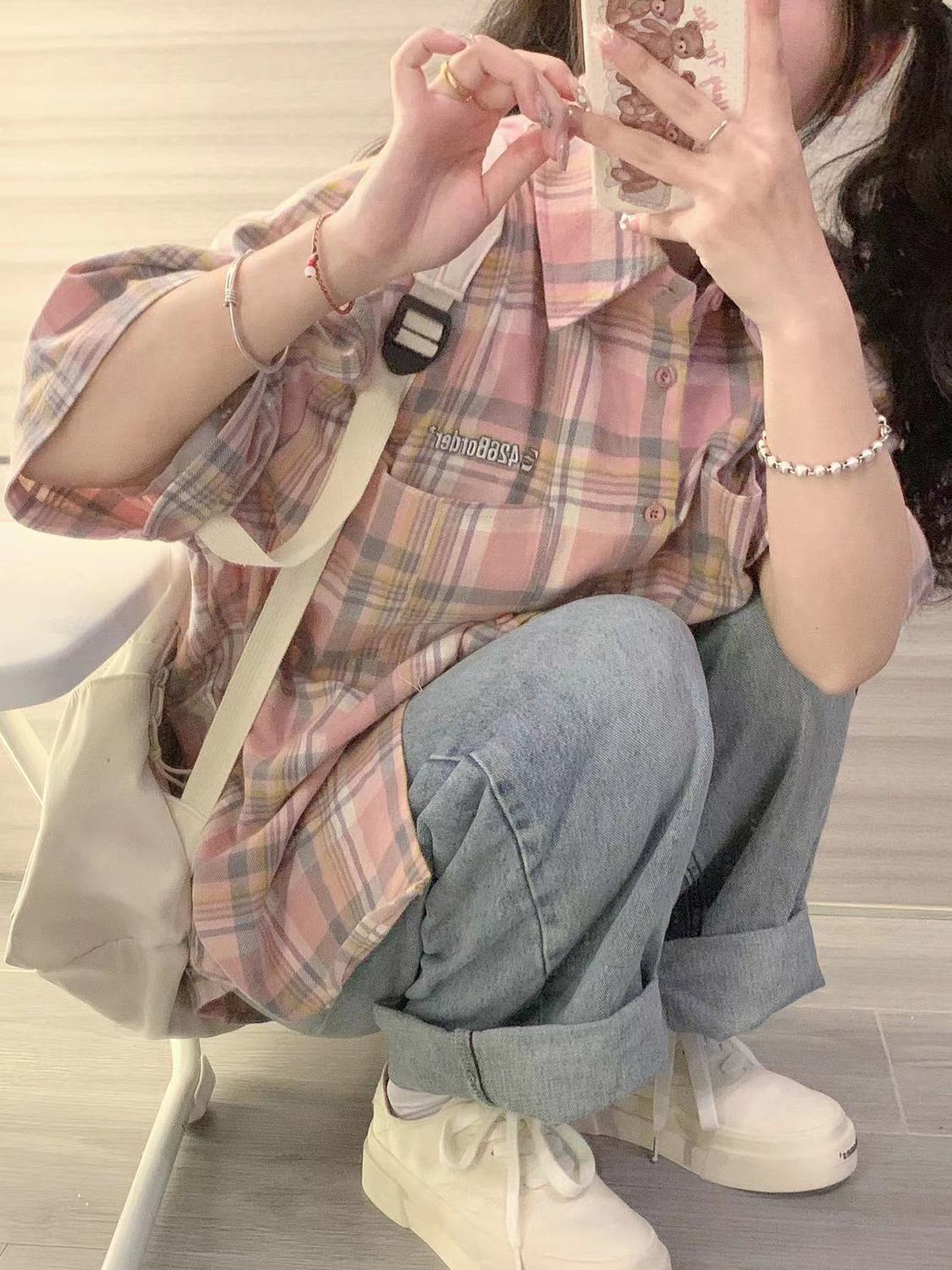 2023新款撞色格紋短袖襯衫女日系復古寬鬆外套甜美襯衣開衫外穿潮