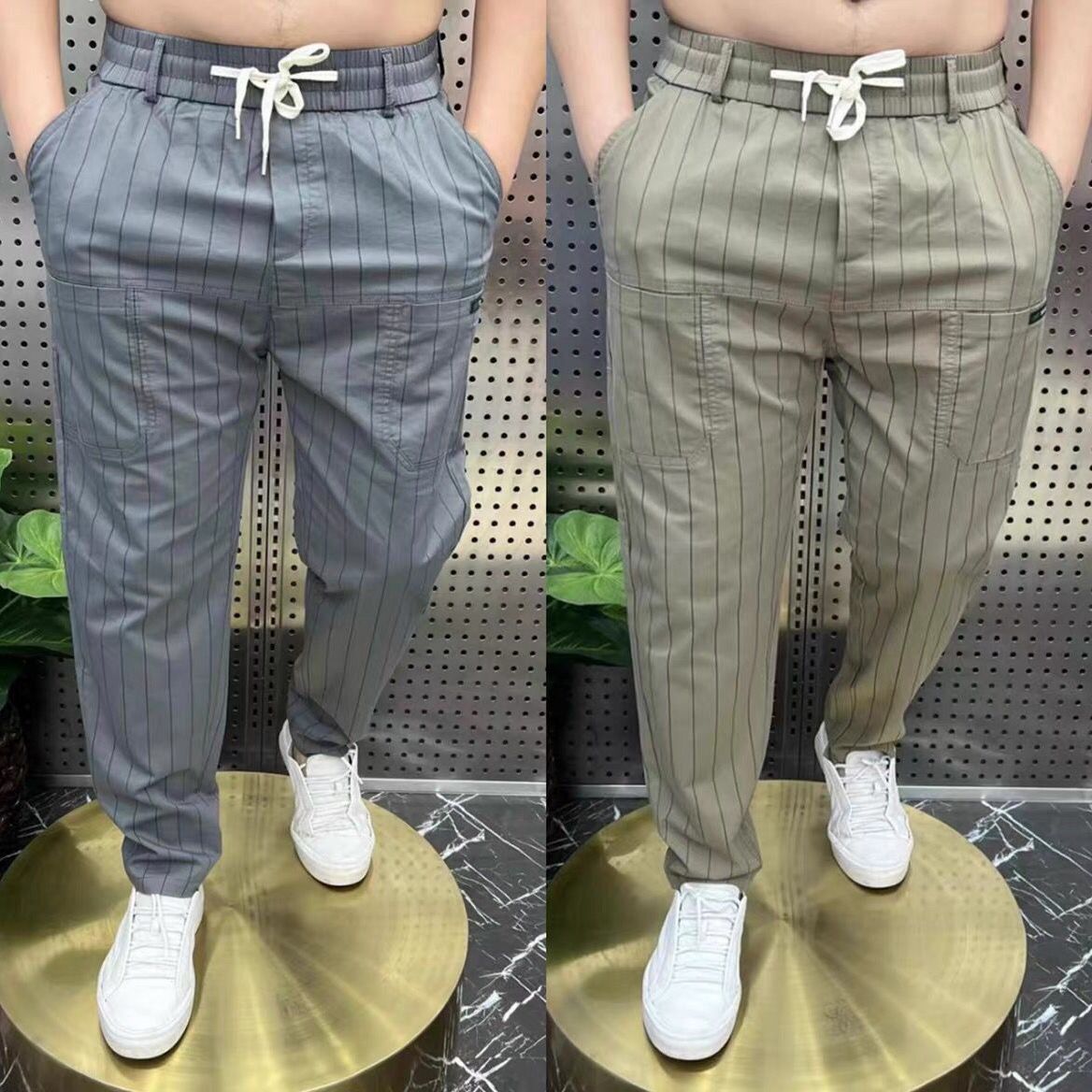 Men's casual pants spring and summer 2022 new loose trendy all-match thin vertical stripes six-pocket straight pants