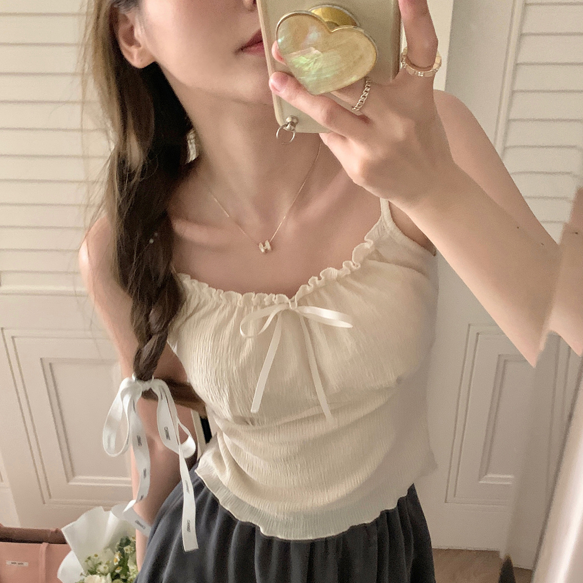 夏季少女感百搭疊穿花邊吊帶背心女法式甜美可愛純色美背外穿內搭