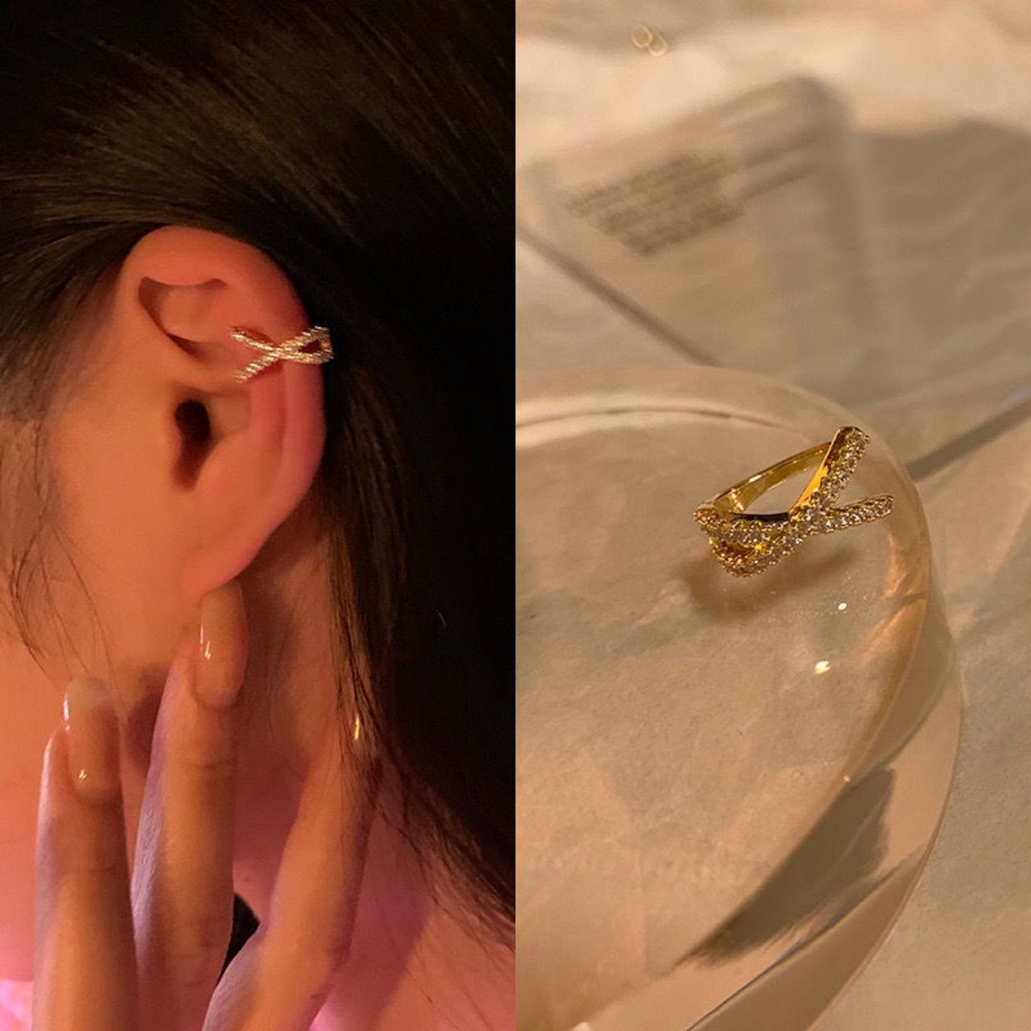 ins交叉镶钻耳骨夹茶系耳夹女秋季高级感耳夹无耳洞女夏耳环耳饰