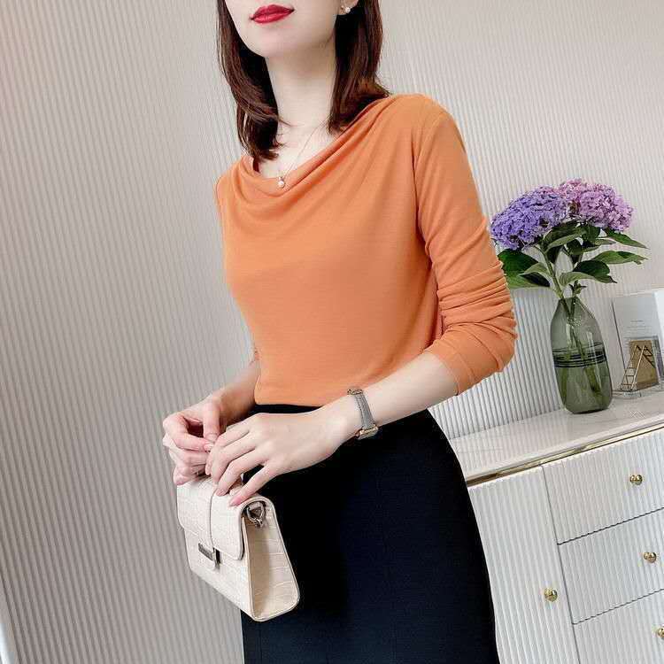 Spring and autumn new bottoming shirt foreign style piled collar long-sleeved T-shirt women's all-match solid color fashion temperament middle-aged top