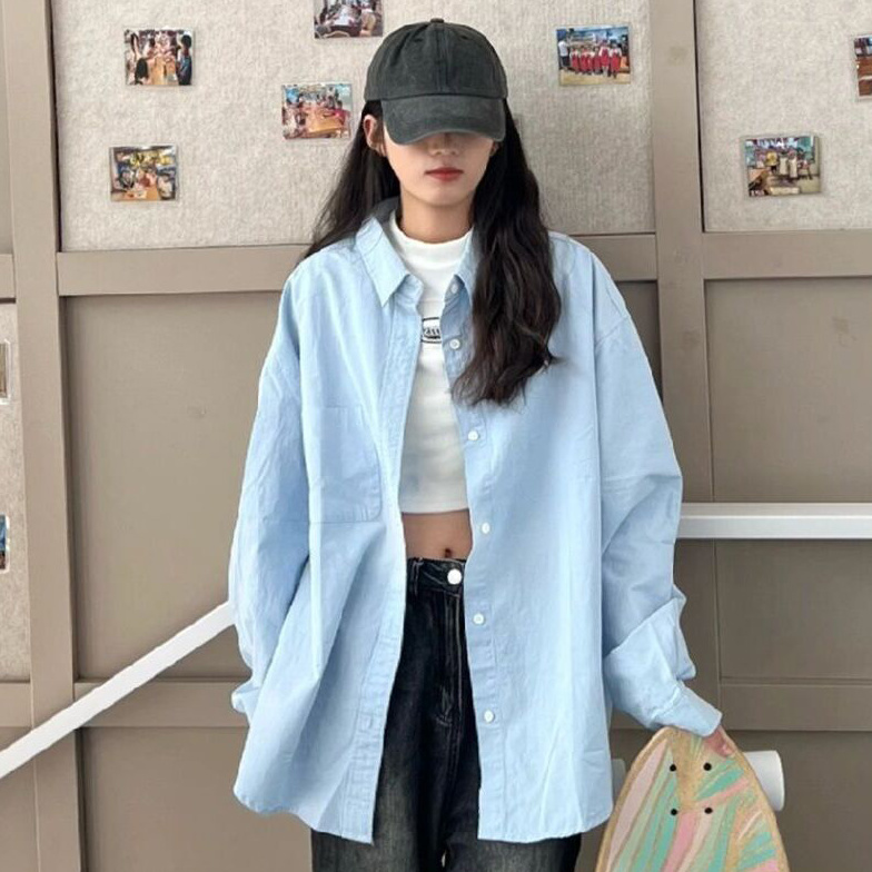 秋季女裝港風休閒長袖淺藍色襯衫外穿寬鬆韓版百搭襯衣上衣女洋氣