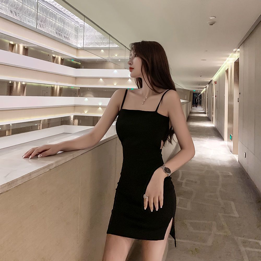 Nightclub autumn and summer new girls hollow out vest machine skirt slim slit sexy strap dress little black dress