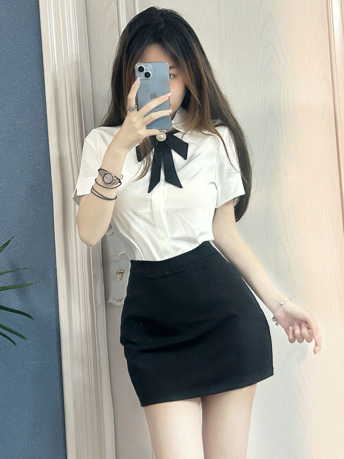 甜美學院風套裝裙女夏氣質減齡修身短袖白襯衫女包臀裙制服兩件套