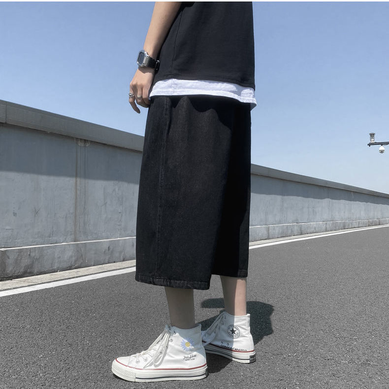 Summer denim shorts men's drapey straight eight-quarter pants Korean style trendy loose dad pants wide-leg sports cropped pants