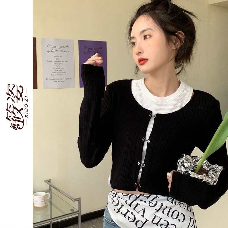 筱姿甜辣針織套裝小開衫女黑色辣妹修身外穿長袖短款上衣2023新款
