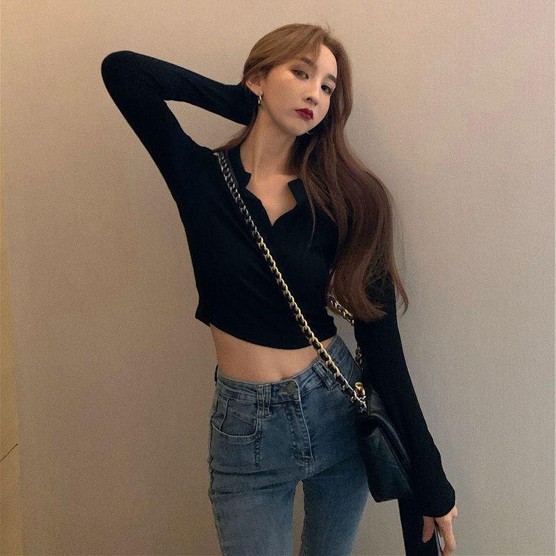 Tight short section exposed navel long-sleeved t-shirt ladies spring and summer thin section slim Hong Kong style polo collar bottoming shirt large V-neck top