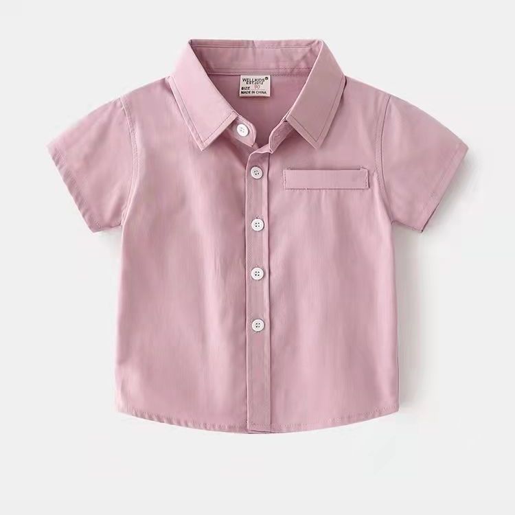 儿童衬衣男童短袖纯棉衬衫新款夏装薄款宝宝纯色上衣洋气韩版