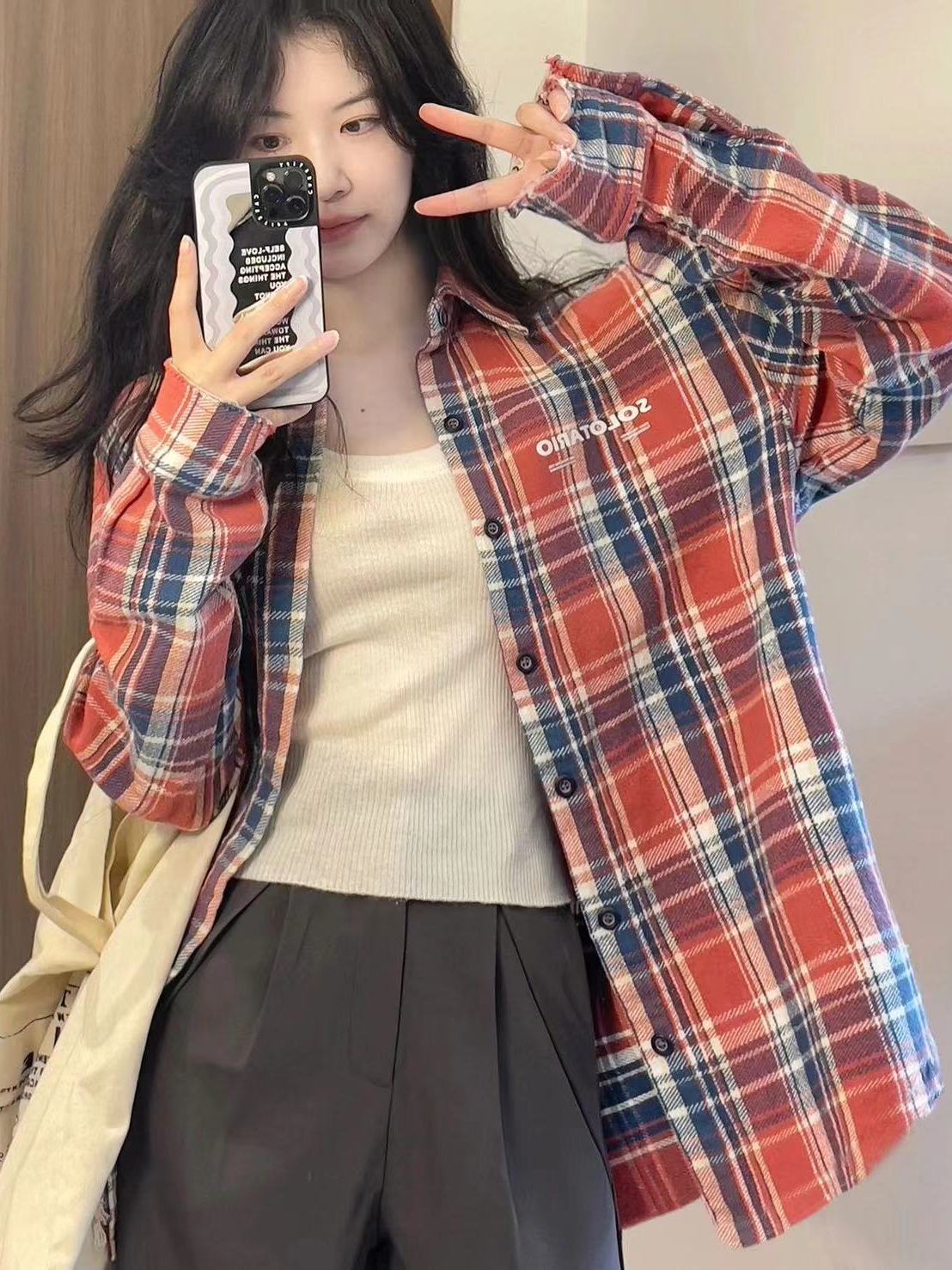 早秋2023新款多巴胺穿搭復古紅色格子襯衫女寬鬆百搭顯瘦襯衣外穿