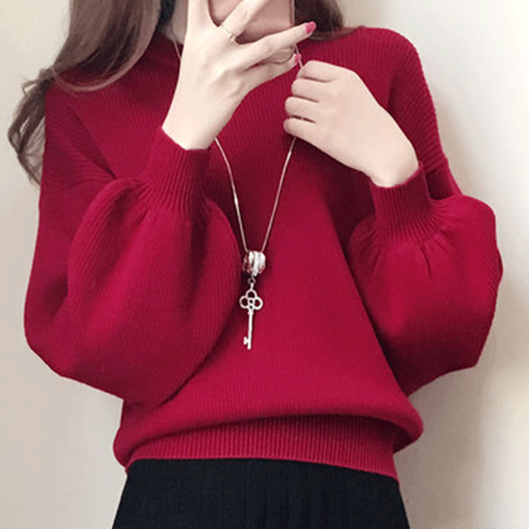 酒红色毛衣女宽松外穿2021年秋冬新款套头慵懒风短款灯笼袖毛线衣