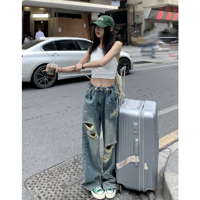 夏復古寬鬆顯瘦闊腿拖地褲藍色做舊高腰辣妹破洞直筒牛仔褲女