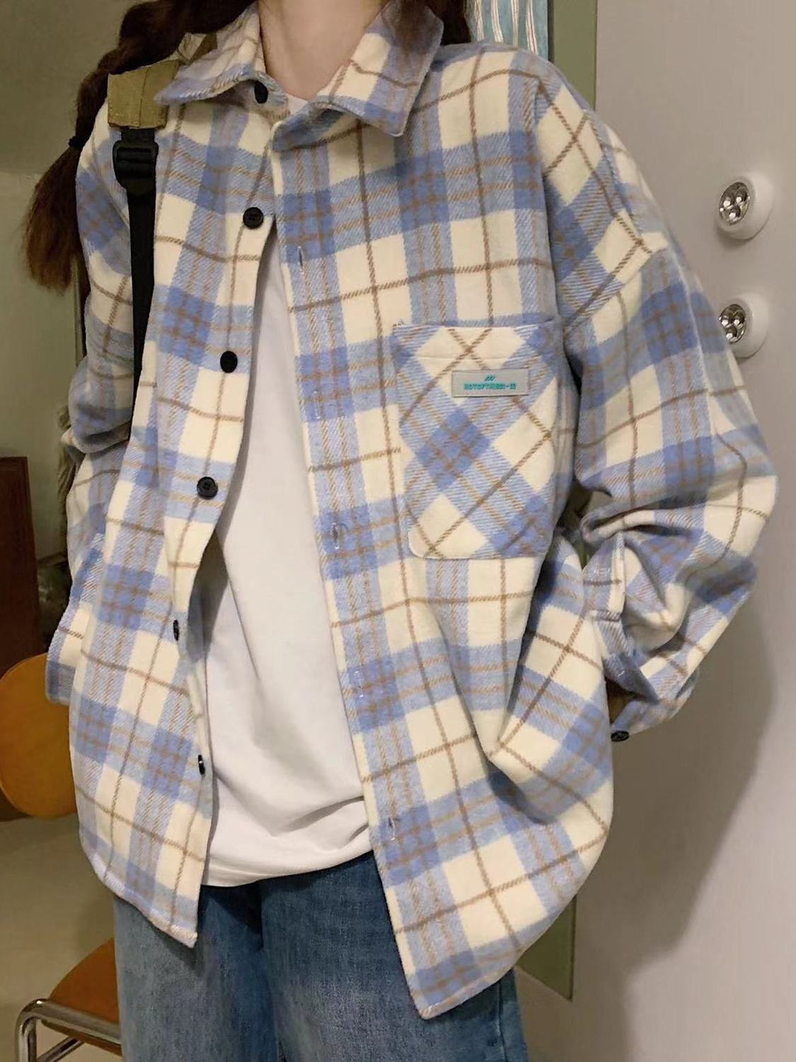 撿漏~ 港風格子襯衫外套女oversize寬鬆學生上衣情侶襯衣外穿