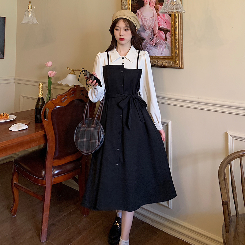 森系初戀裙2023秋冬假兩件長袖法式連衣裙女小個子顯瘦赫本風襯衫