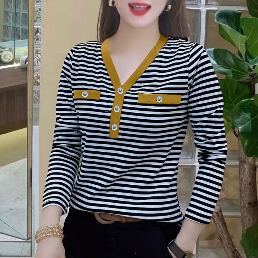 條紋打底衫女韓系時髦v領上衣秋冬款加厚內搭時尚修身顯瘦休閒衫