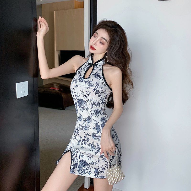 Improved version of the girl's cheongsam republic of China style lady sexy off-shoulder elegant cheongsam style slit short dress female