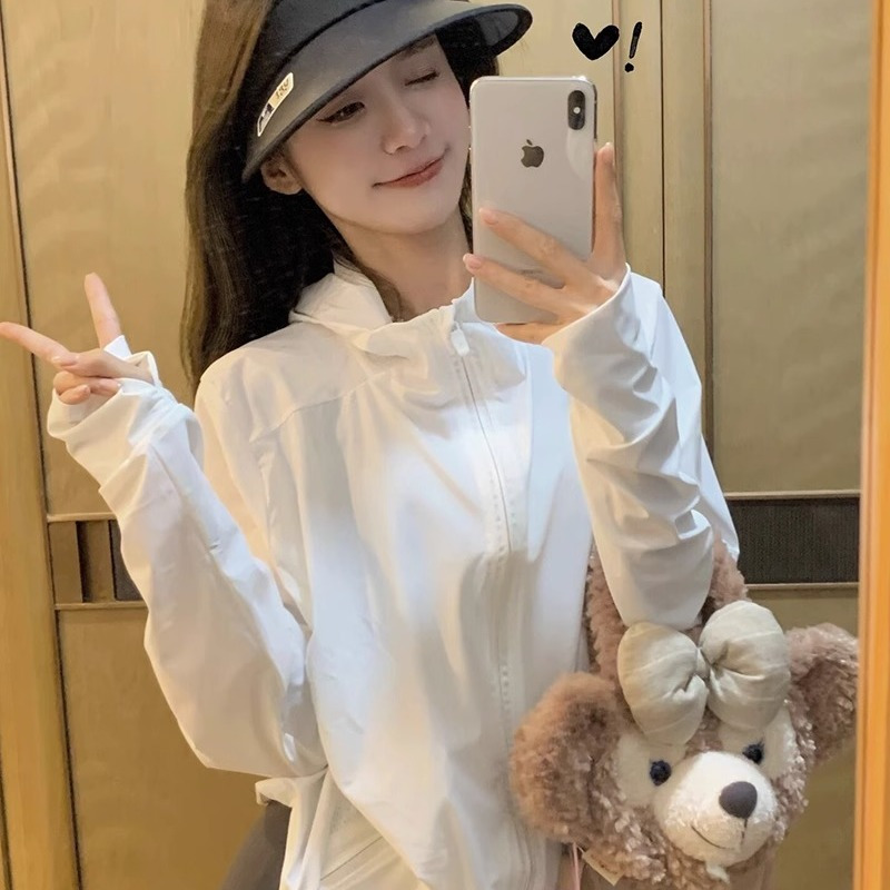 韓版hiphop超好看白色透氣連帽防曬服女夏季外穿修身百搭開衫外套