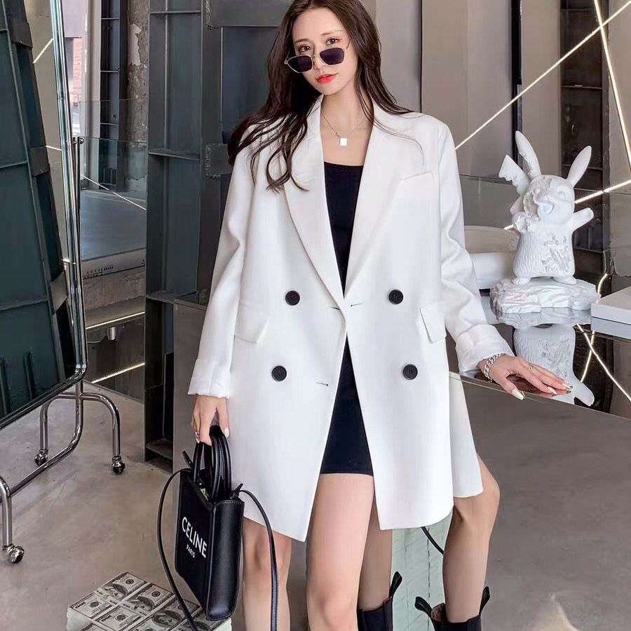 White suit jacket for women  spring and autumn new Korean style loose casual temperament double-breasted suit top for women